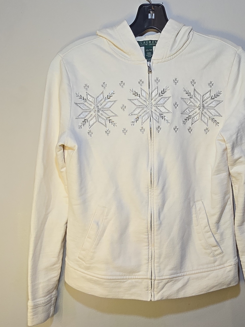 Ralph Lauren Cream Zip-Up Hooded Jacket with Snowflake Embroidery